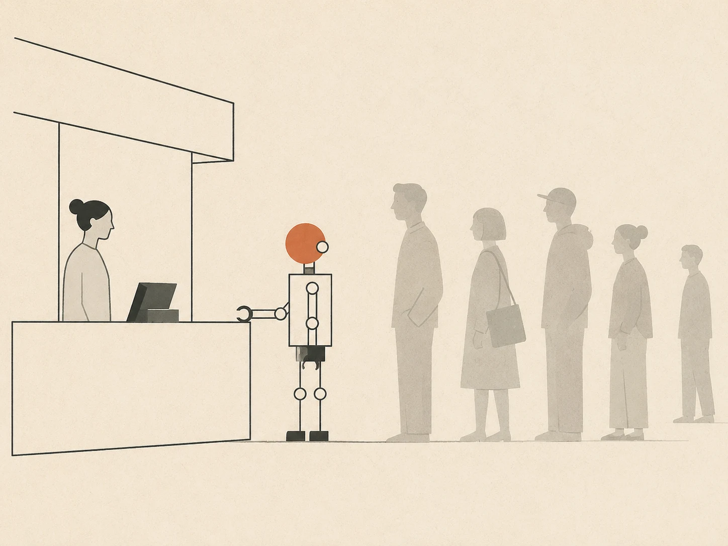 A minimal storefront counter where a small geometric robot with a terracotta head stands first in line, ahead of a queue of pale human silhouettes